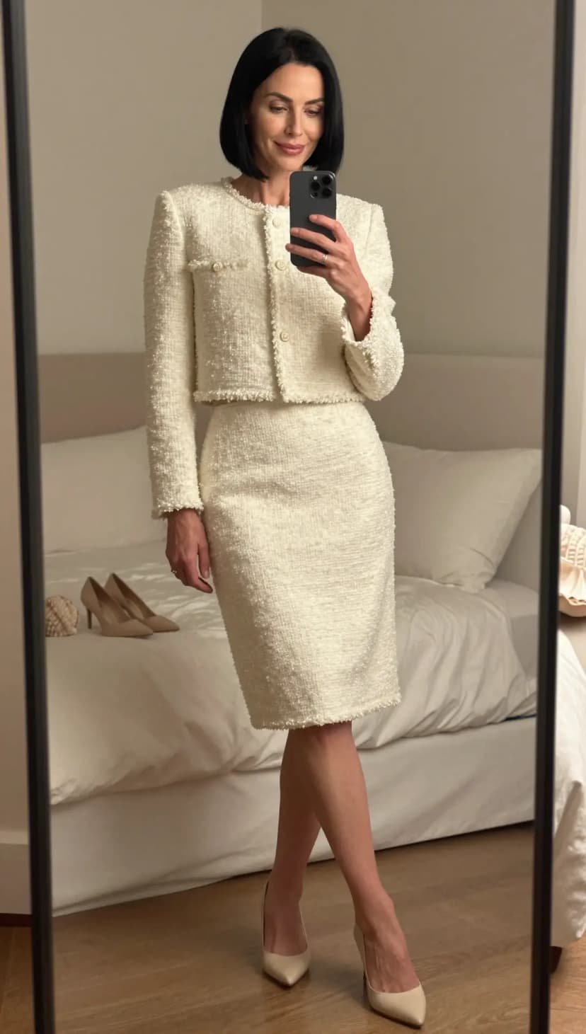 Cream Tweed Cropped Jacket + Cream Tweed Pencil Skirt + Nude Pointed-Toe Pumps
