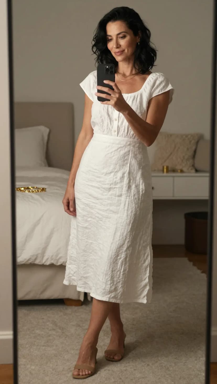 White Textured Cotton Midi Dress + Nude Strap Heeled Sandals