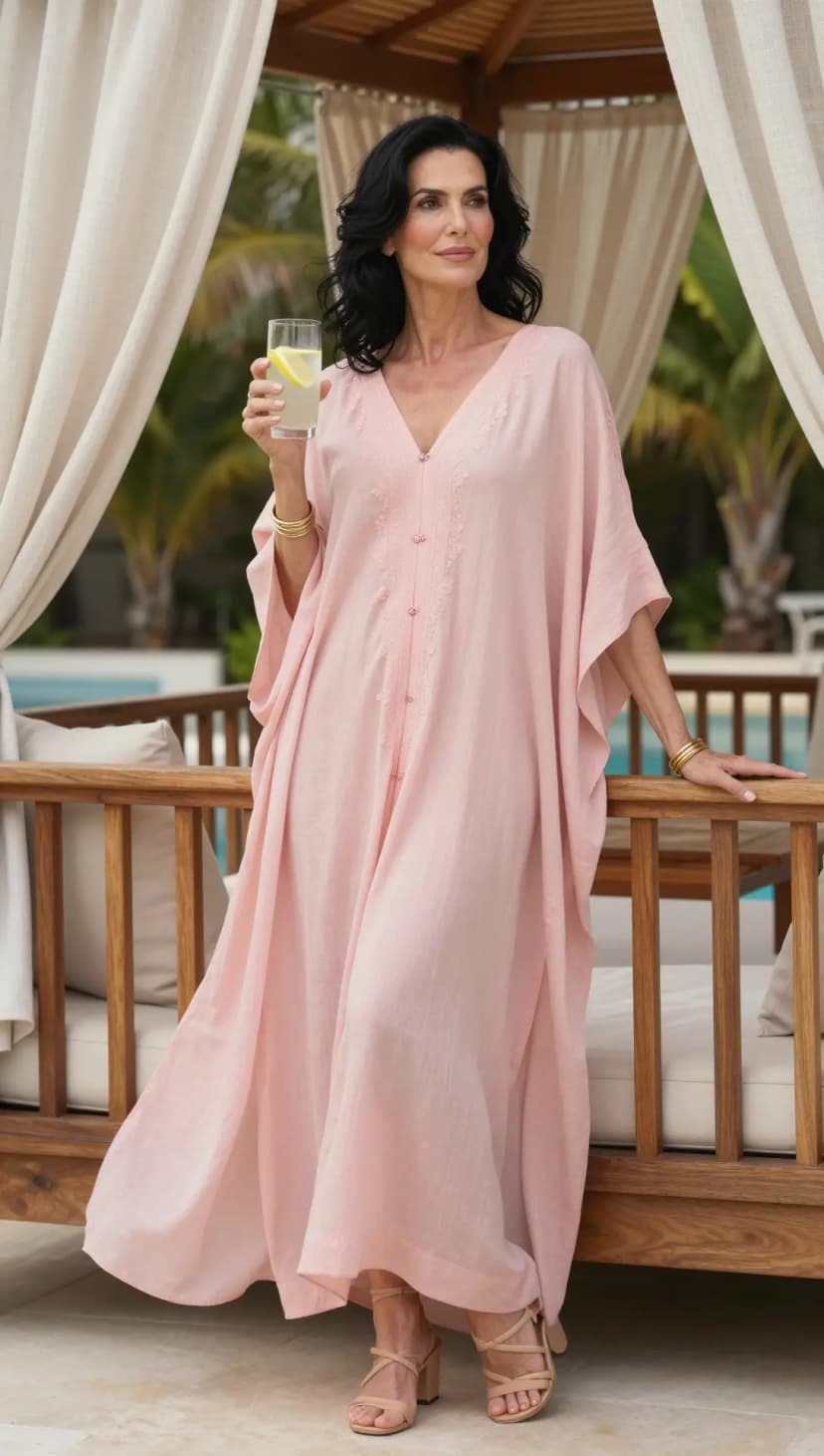 Pale Pink Linen Kaftan + Nude Strappy Block Heels + Gold Bangle Bracelets