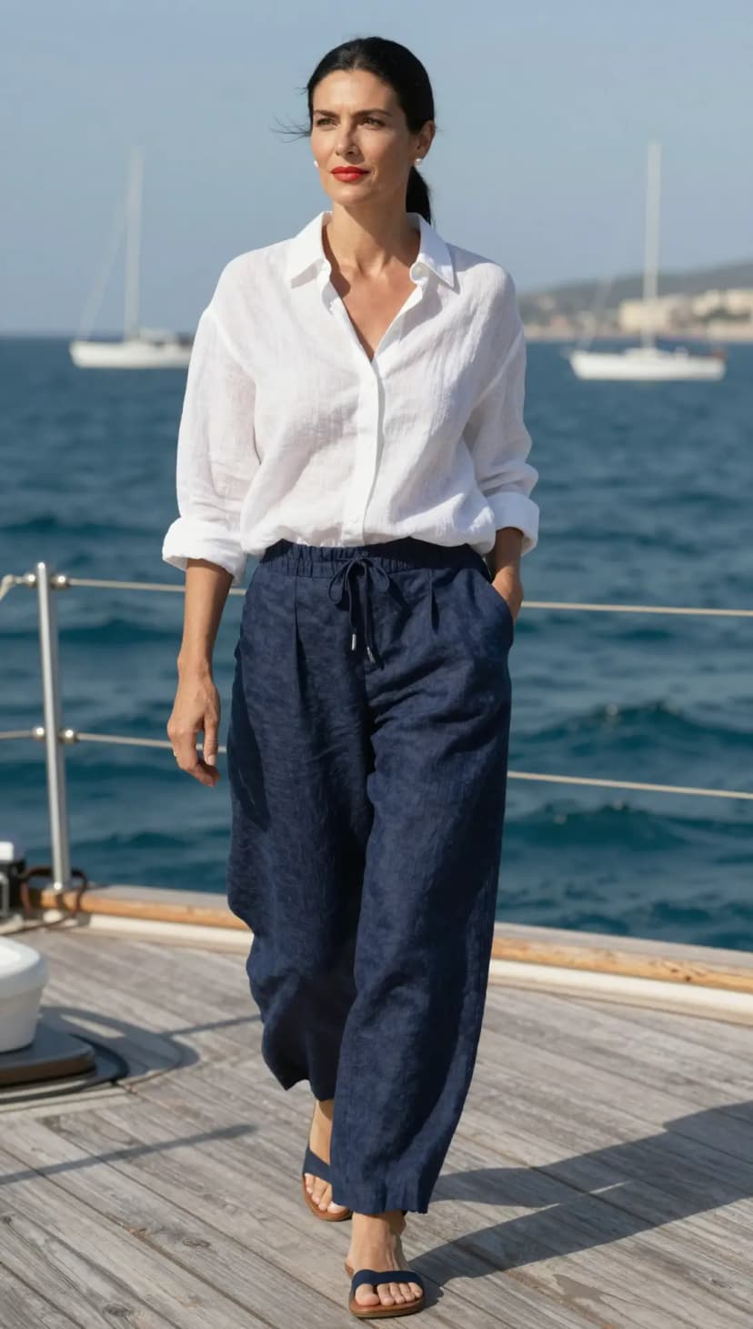 White Linen Shirt + Navy Linen Trousers + Navy Leather Slides