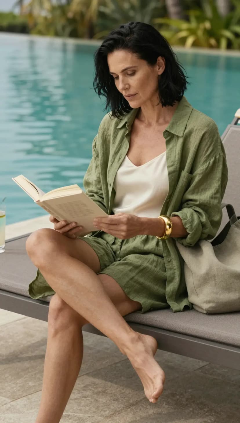 Olive Linen Oversized Shirt + Cream Satin Camisole + Olive Linen Shorts + Taupe Canvas Tote Bag + Gold Cuff Bracelet