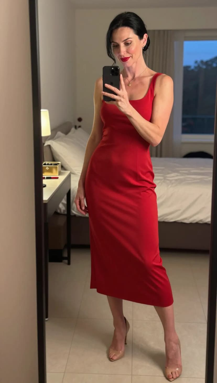 Red Knit Midi Dress + Nude Patent Slingback Heels