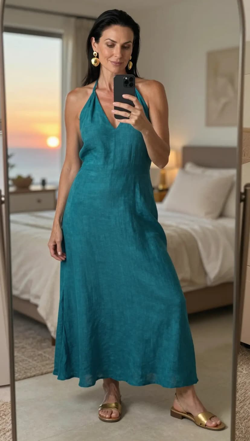 Teal Linen Halter Maxi Dress + Gold Flat Sandals