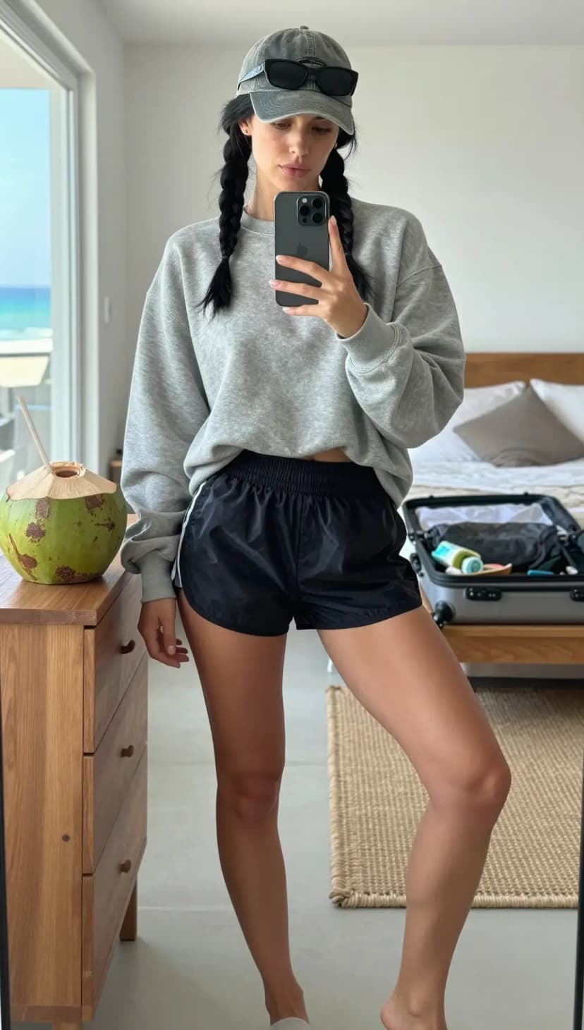 Grey Cotton Sweatshirt + Black Nylon Running Shorts + Grey Baseball Cap