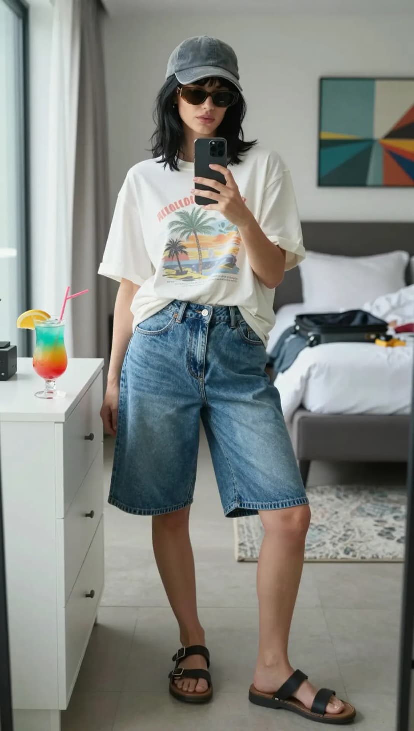 White Graphic T-Shirt + Blue Denim Bermuda Shorts + Black Leather Sandals