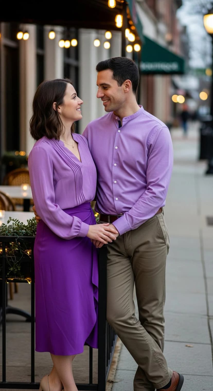 Lilac Pleated Blouse + Lilac Midi Skirt + Khaki Chinos + Brown Leather Belt
