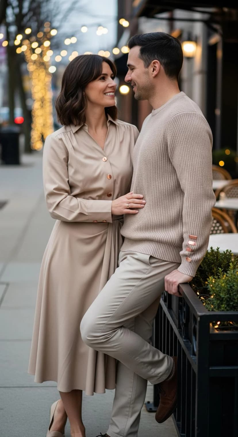 Beige Midi Shirtdress + Beige Knit Sweater + Khaki Chinos
