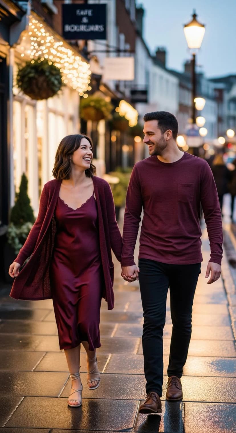 Burgundy Satin Slip Dress + Burgundy Knit Cardigan + Nude Strappy Sandals