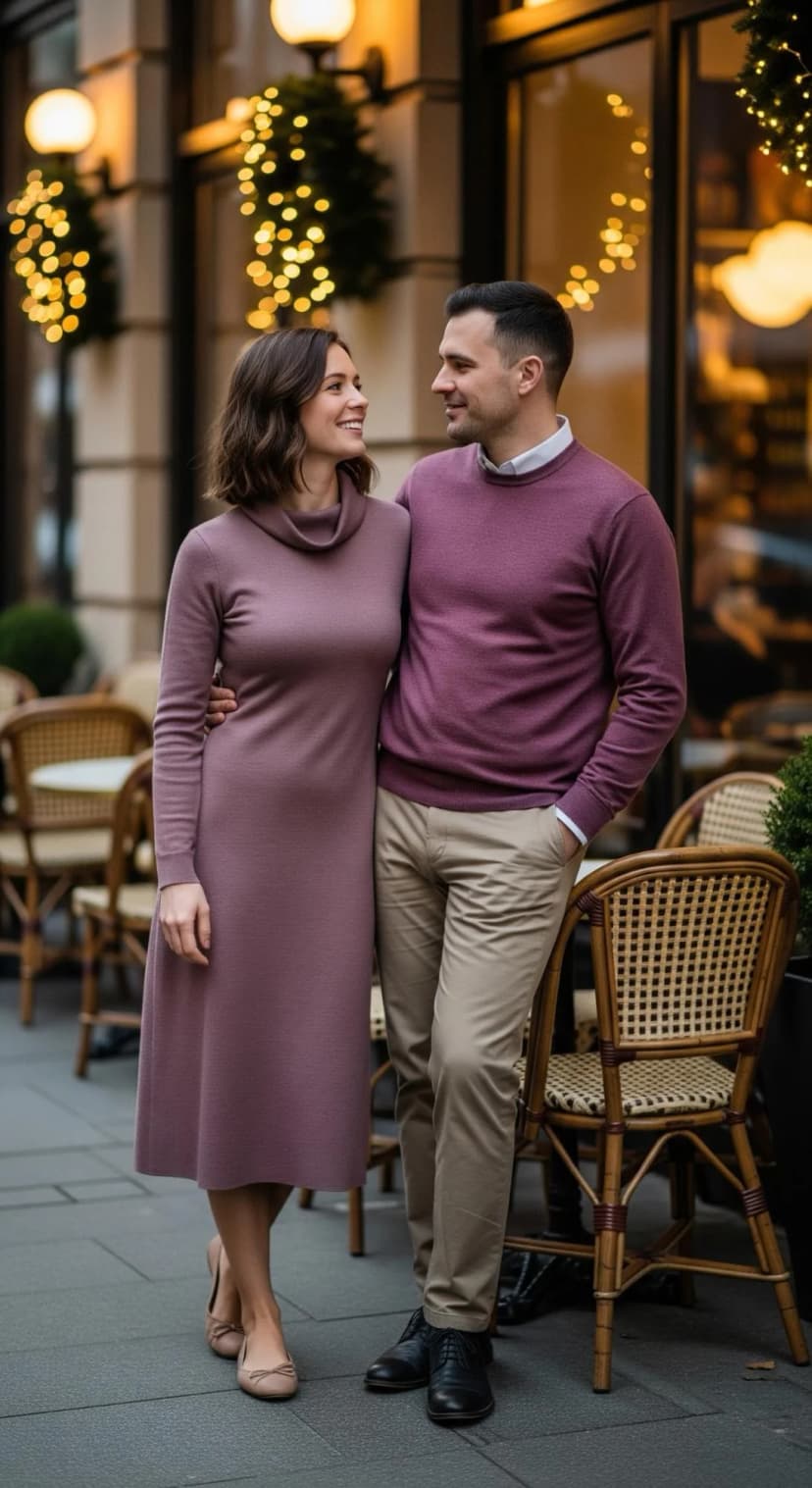 Mauve Knit Midi Dress + Plum Knit Sweater + Beige Trousers