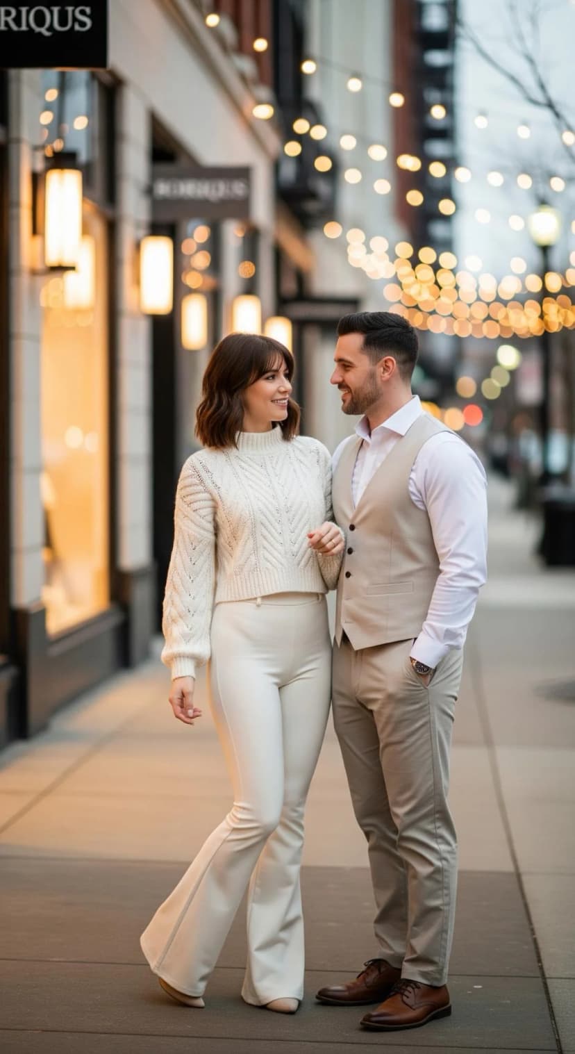 Cream Knit Sweater + White Flare Leggings