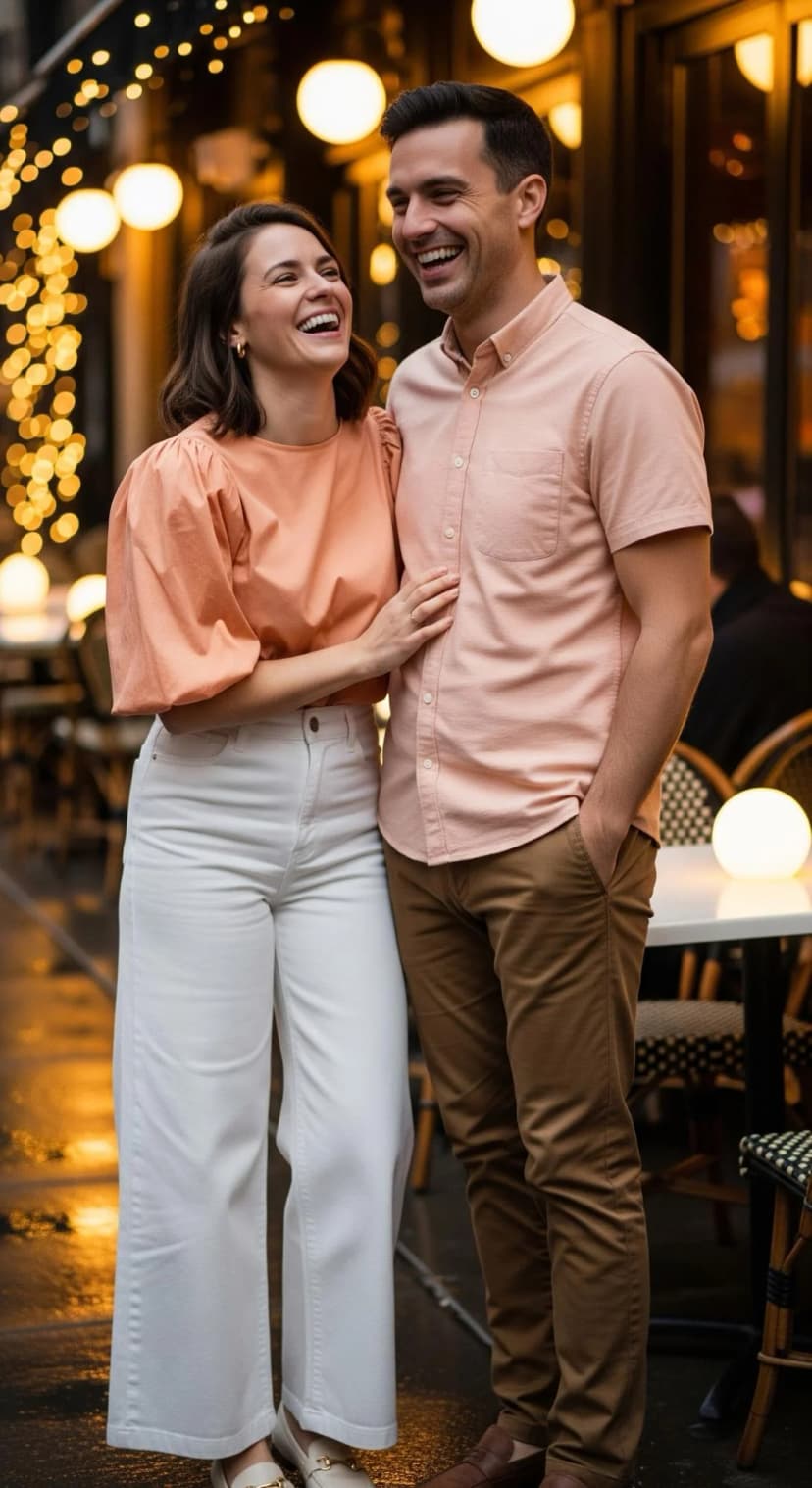 Peach Poplin Blouse + White Wide-Leg Jeans + Tan Chinos + Peach Button-Down
