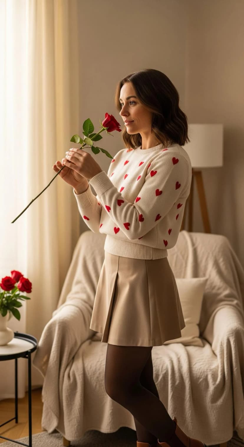 Cream Heart Print Sweater + Beige Mini Skirt + Brown Ankle Boots