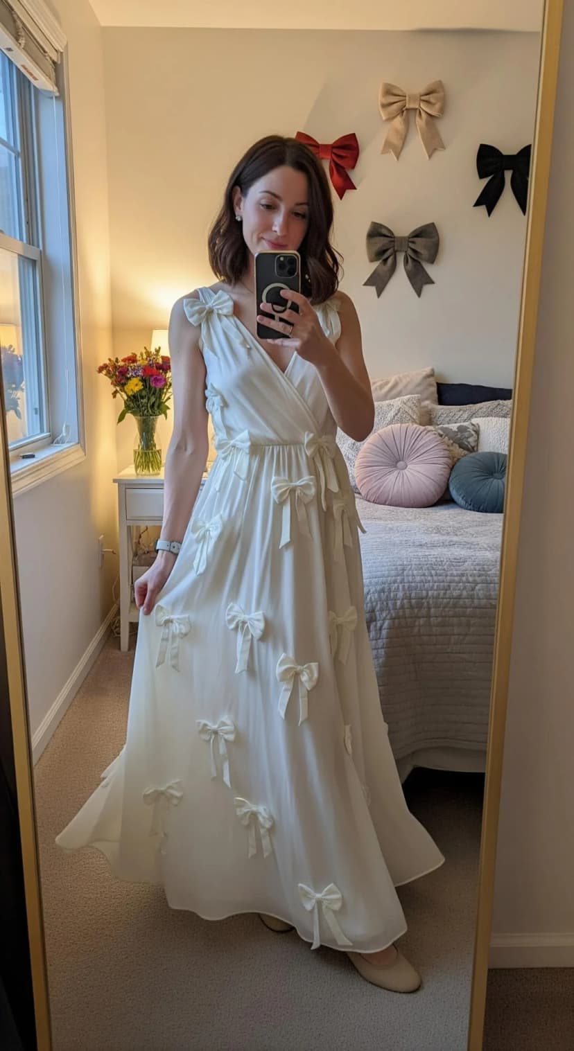 Cream Chiffon Bow Gown + Nude Ballet Flats