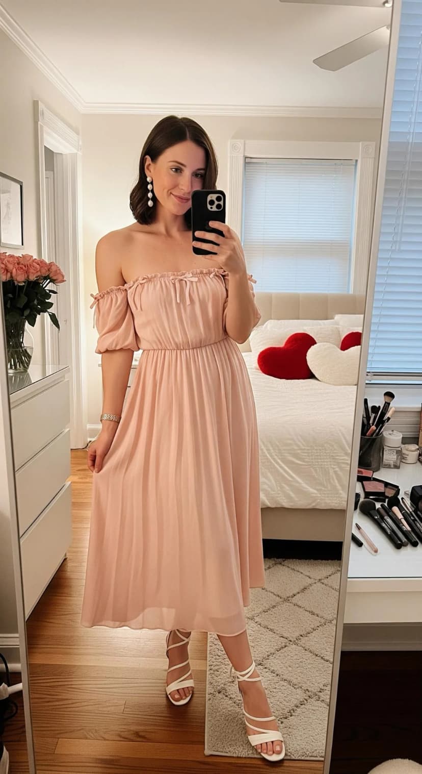 Pink Chiffon Off-the-Shoulder Dress + White Strappy Heels