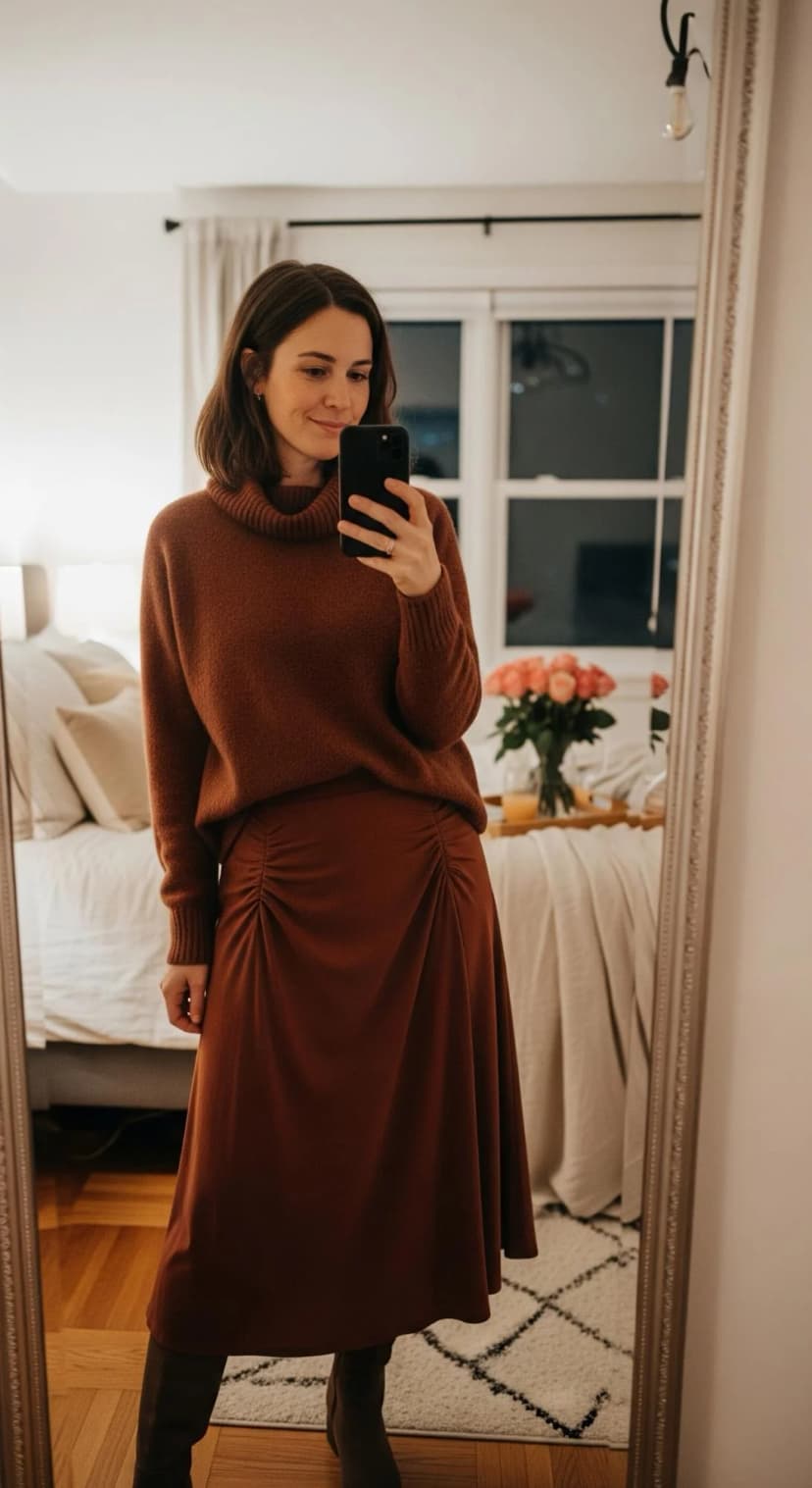 Rust Knit Turtleneck + Rust Ruched Midi Skirt + Brown Suede Boots