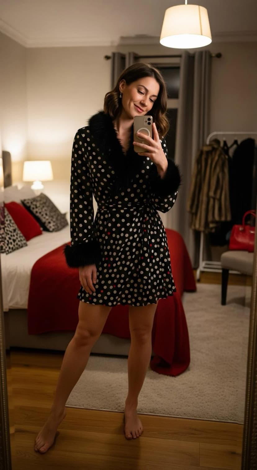 Black and White Polka Dot Mini Dress with Fur Trim