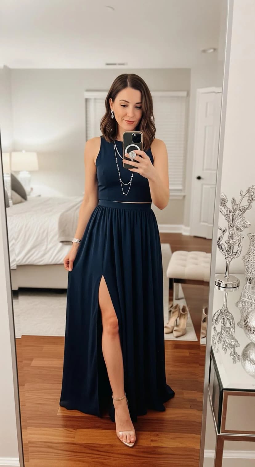 Navy Chiffon Two-Piece Set + Nude Strappy Heels