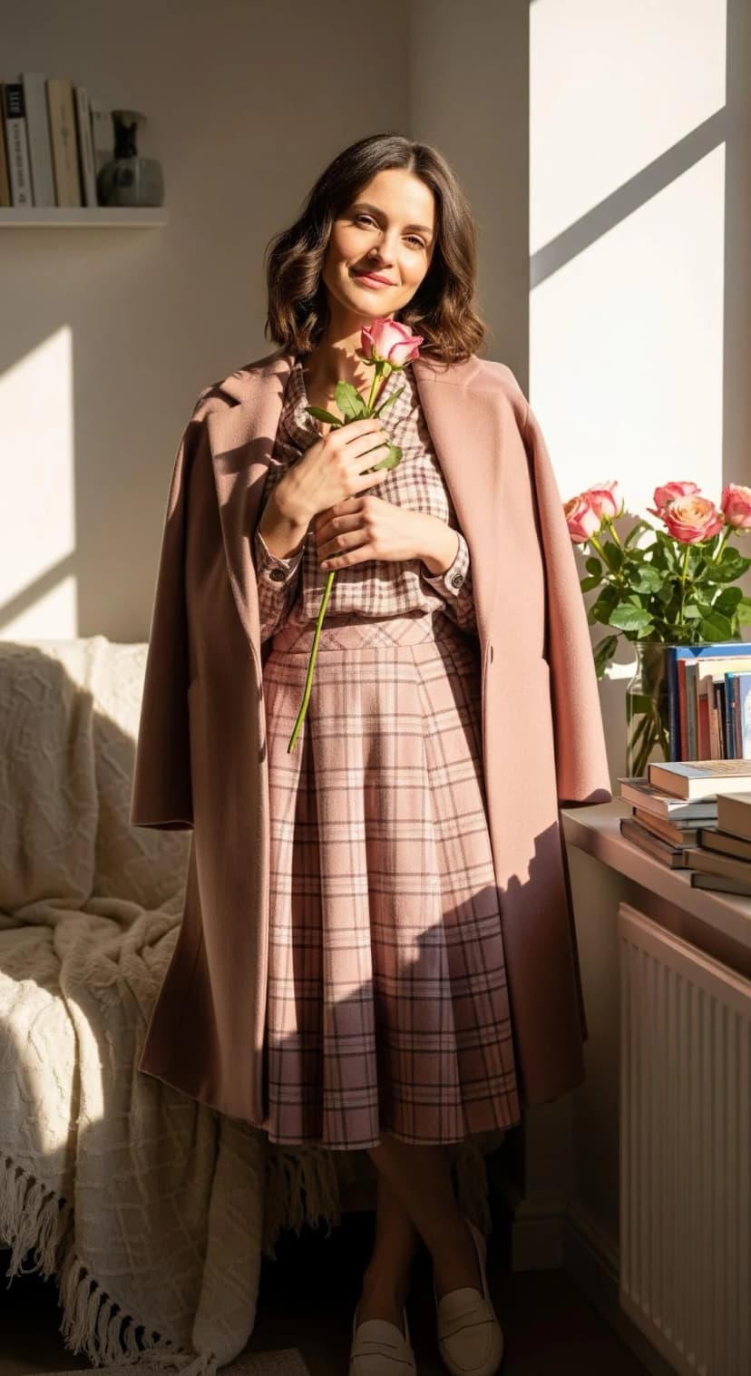 Pink Plaid Set + Pink Wool Coat + Cream Loafers
