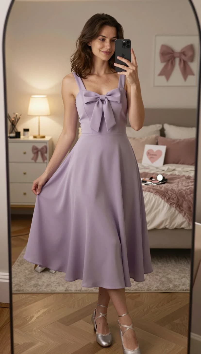 Lavender Bow Neck Midi Dress + Silver Strappy Heels