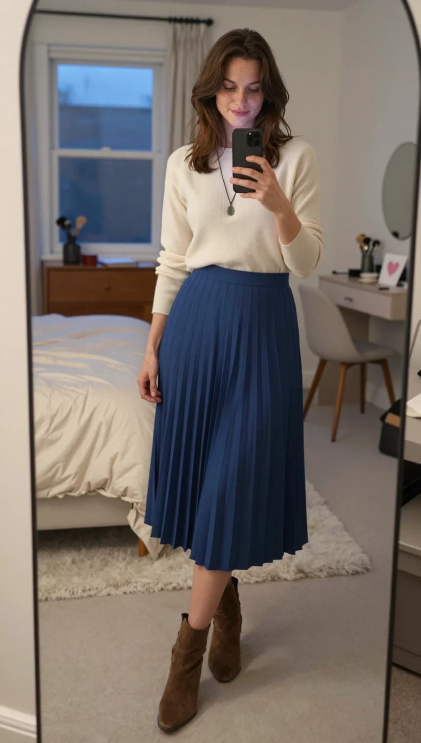 Cream Knit Sweater + Blue Pleated Midi Skirt + Brown Suede Ankle Boots