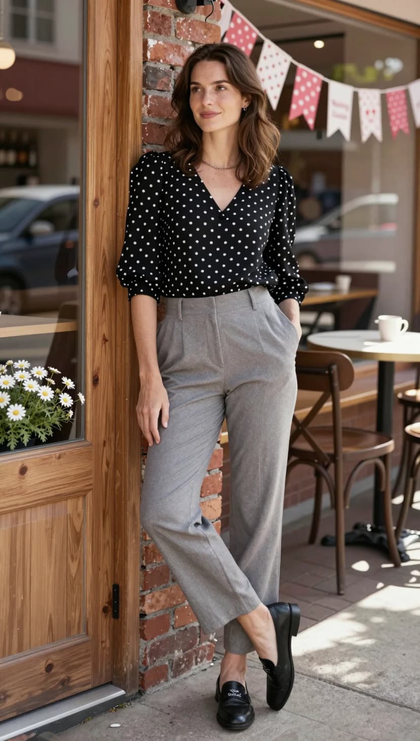 Black Polka Dot Puff Sleeve Top + Grey Patterned Trousers + Black Loafers