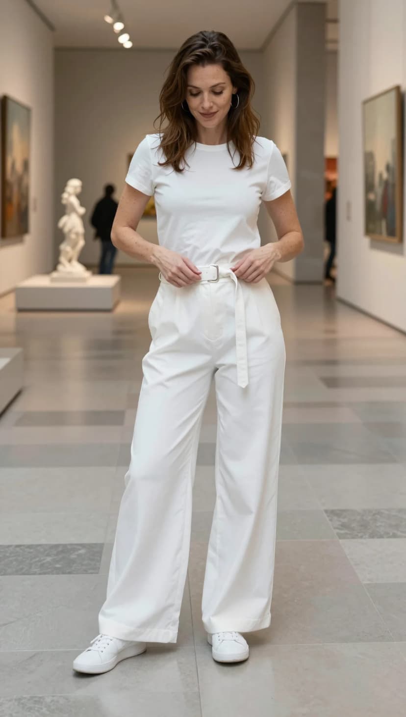 White Crew Neck T-Shirt + White Wide Leg Trousers + White Sneakers