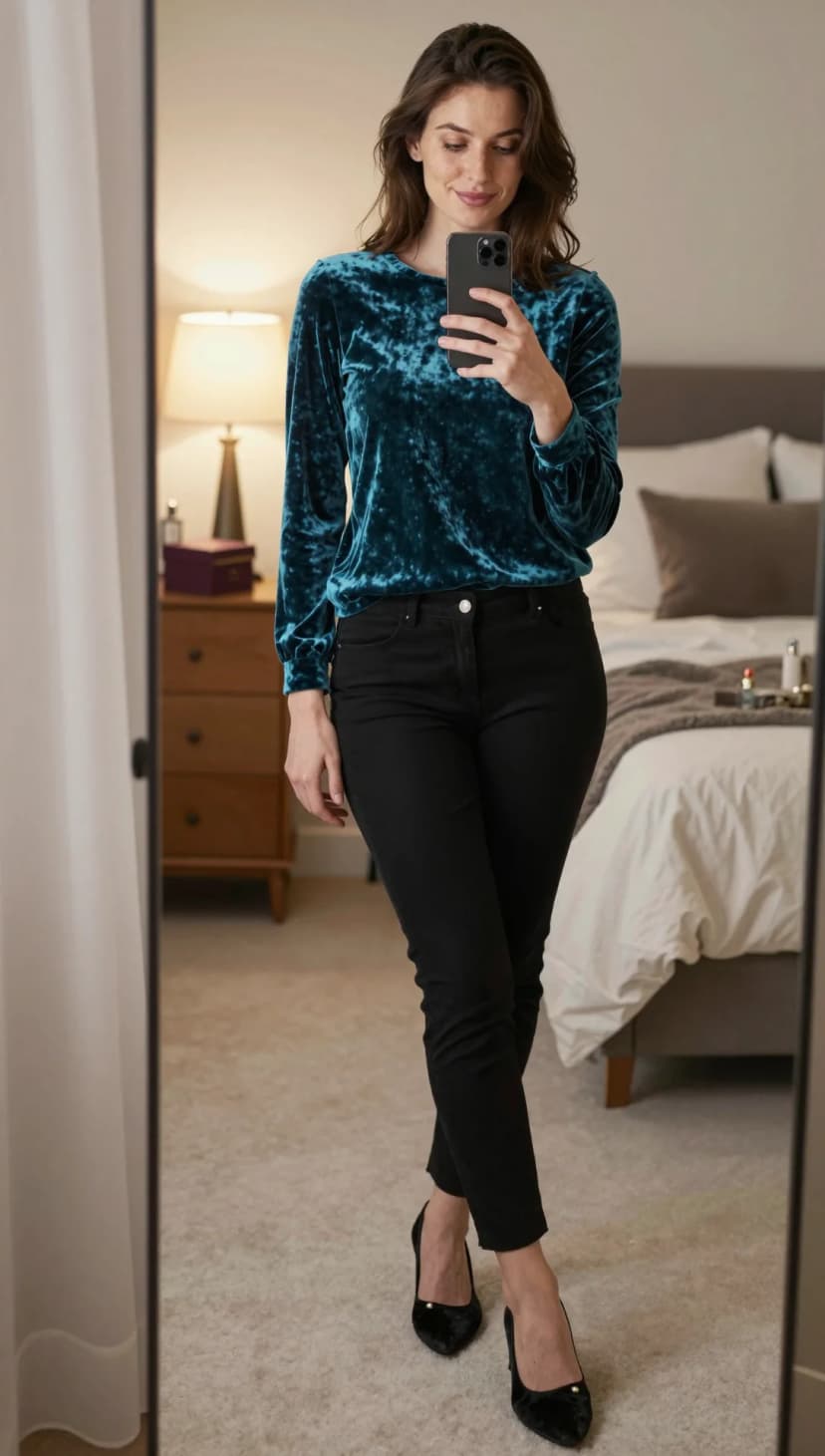 Teal Crushed Velvet Top + Black Skinny Trousers + Black Velvet Heels