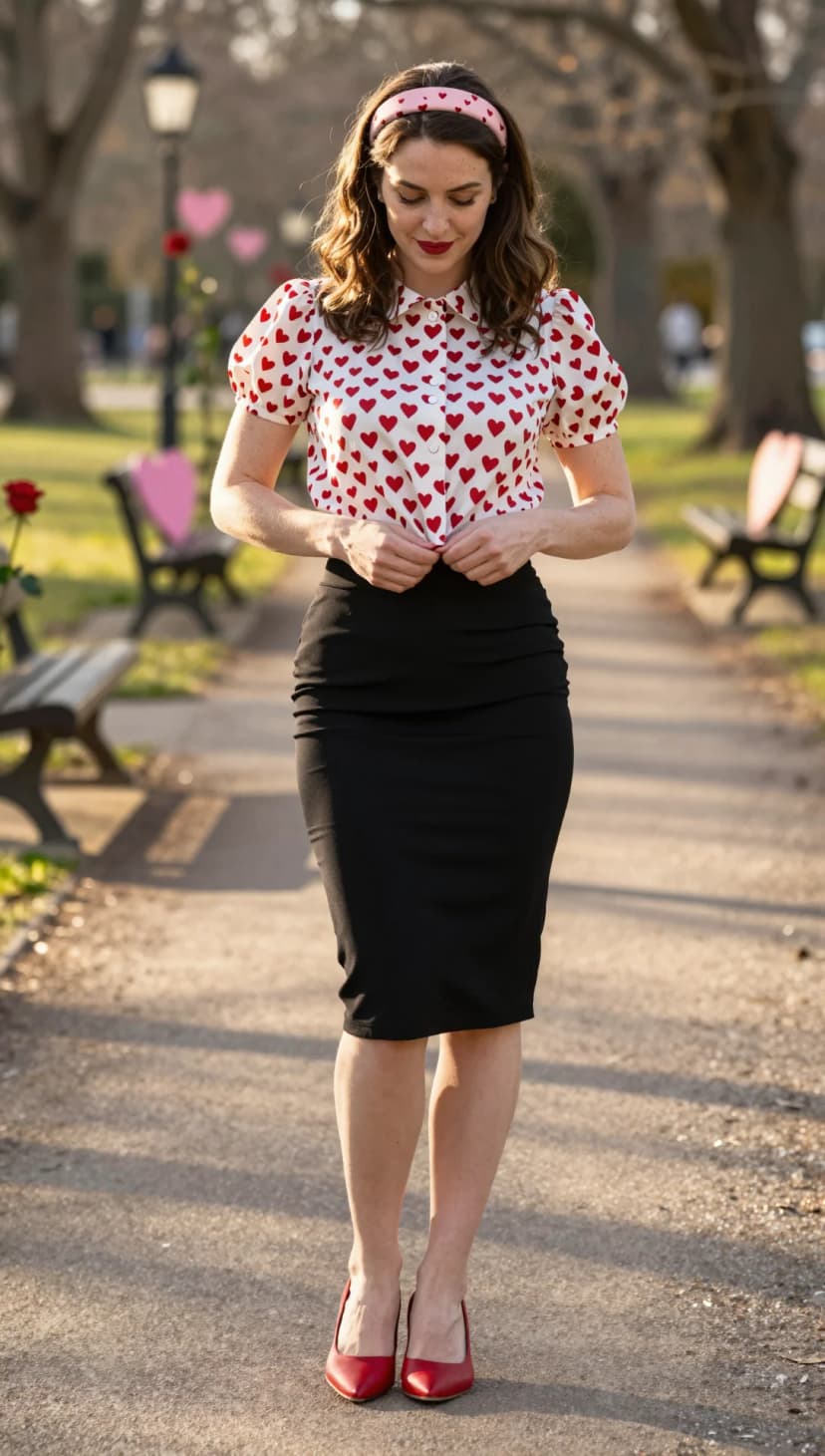 White Heart Print Puff Sleeve Blouse + Black Pencil Skirt + Red Pointed Toe Heels
