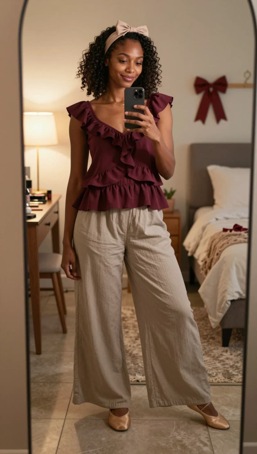 Burgundy Ruffle Top + Beige Linen Pants + Gold Ballet Flats