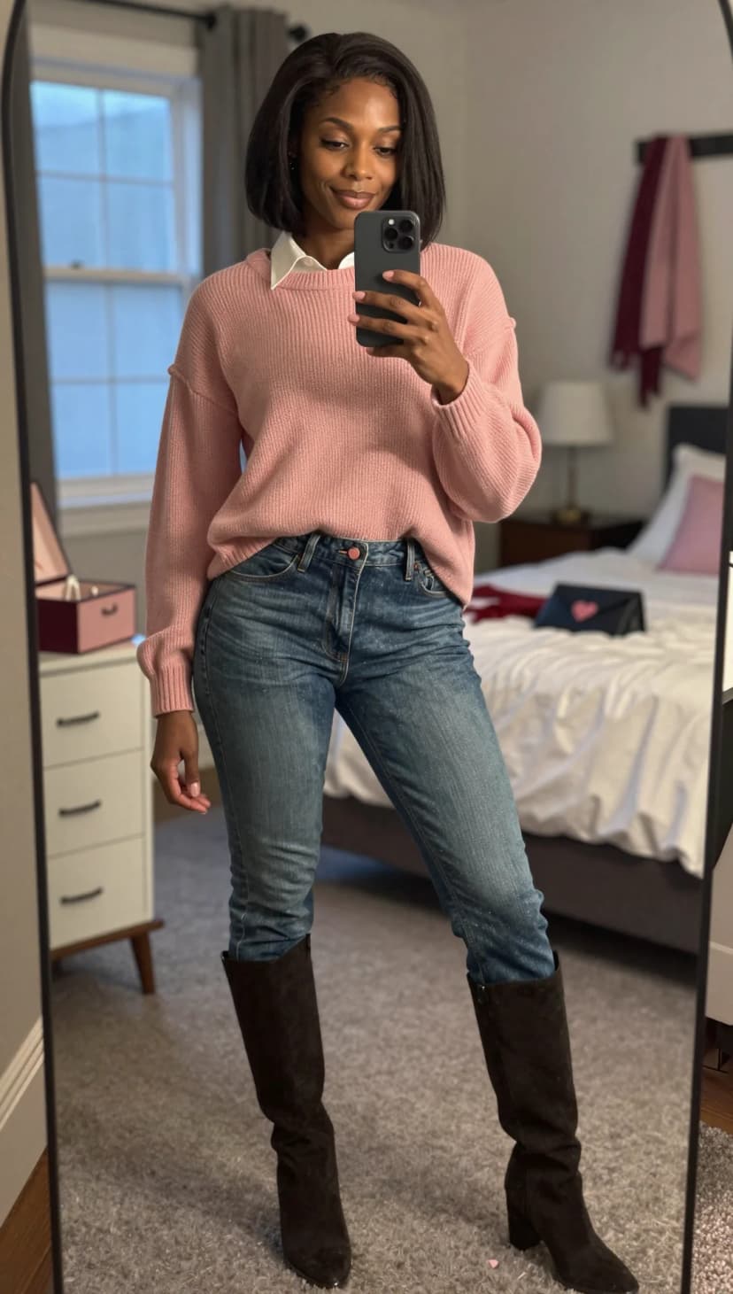 White Collared Shirt + Pink Knit Sweater + Blue Wash Jeans + Brown Suede Boots