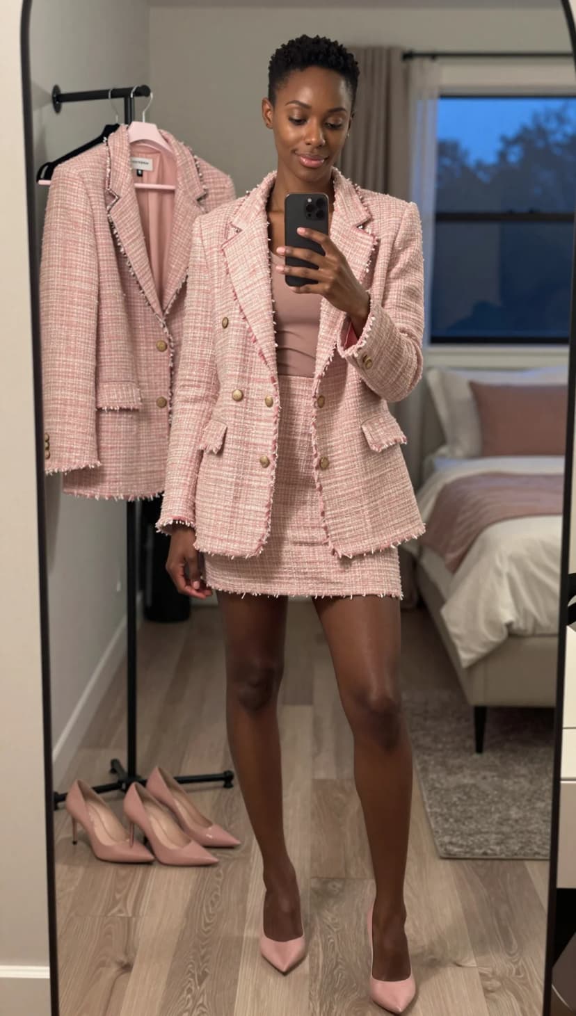 Pink Tweed Blazer + Pink Tweed Mini Skirt + Pink Leather Pumps