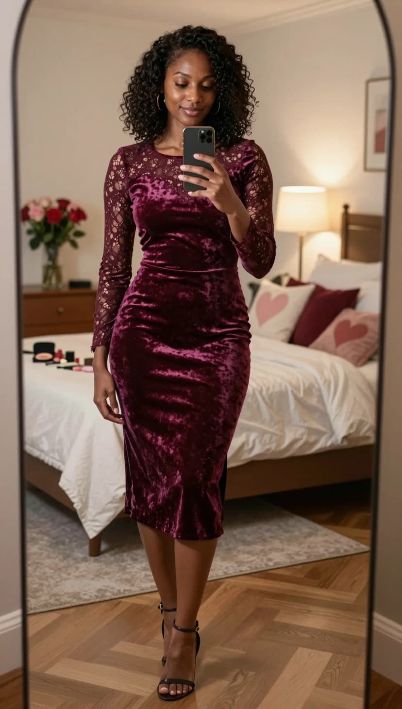 Plum Velvet Midi Dress + Black Strappy Heels