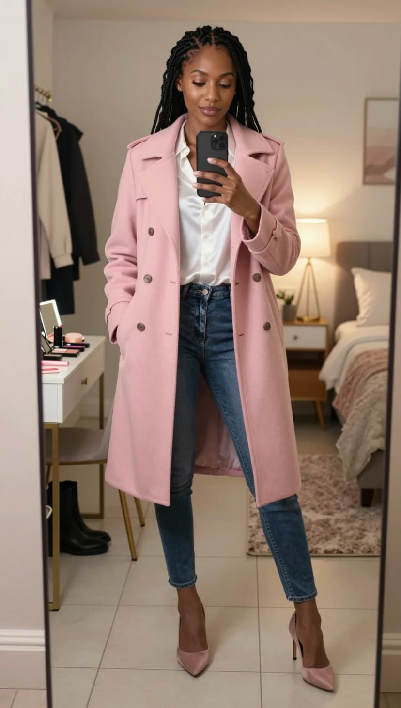 Pink Wool Trench Coat + White Silk Blouse + Dark Wash Jeans + Pink Suede Heels