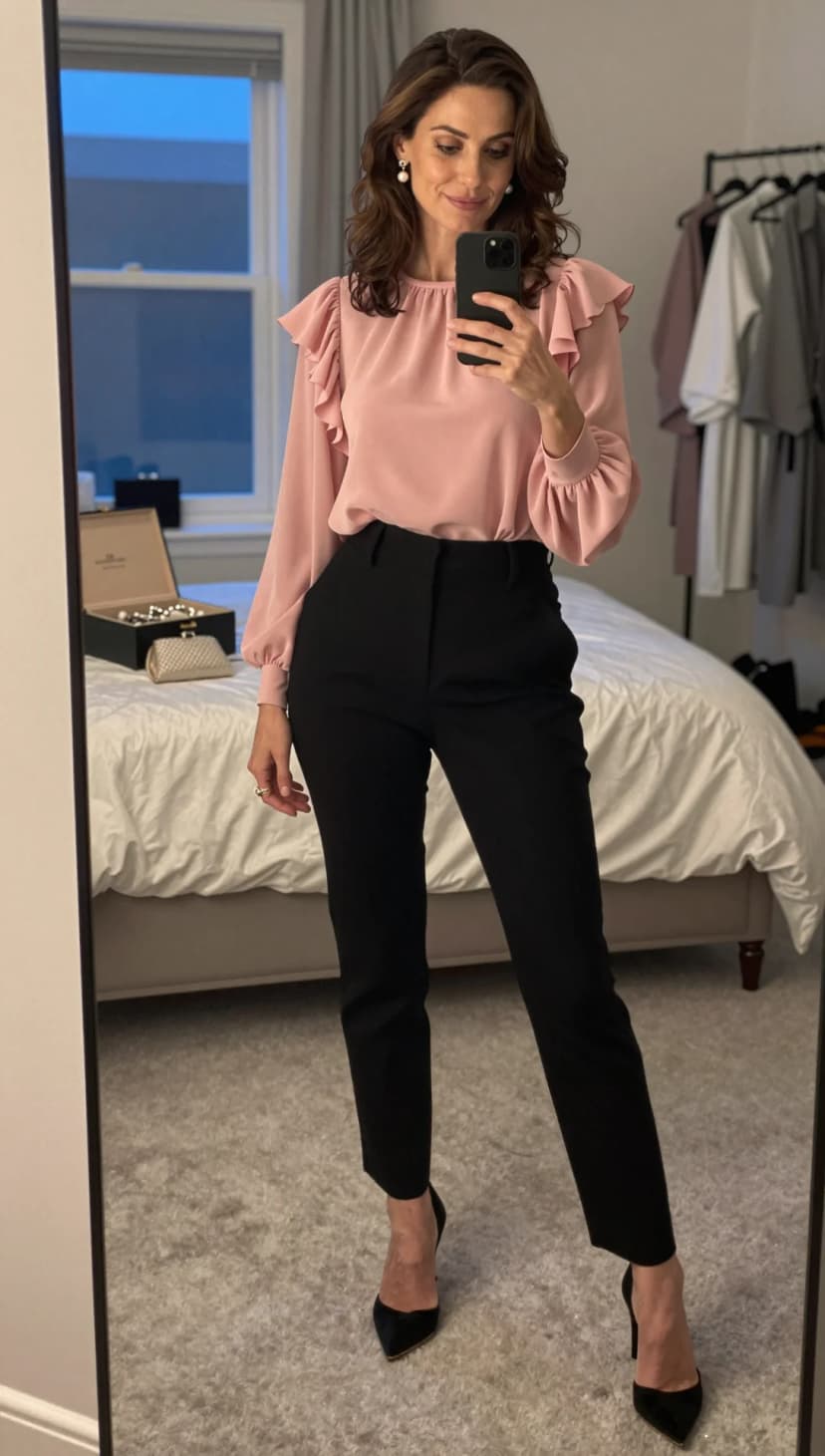 Rose Ruffle Blouse + Black Straight-Leg Trousers + Black Suede Heels