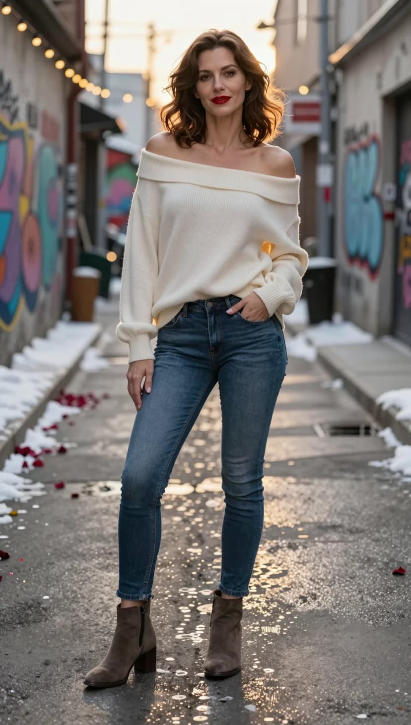Cream Off-the-Shoulder Sweater + Dark Wash Jeans + Taupe Suede Booties