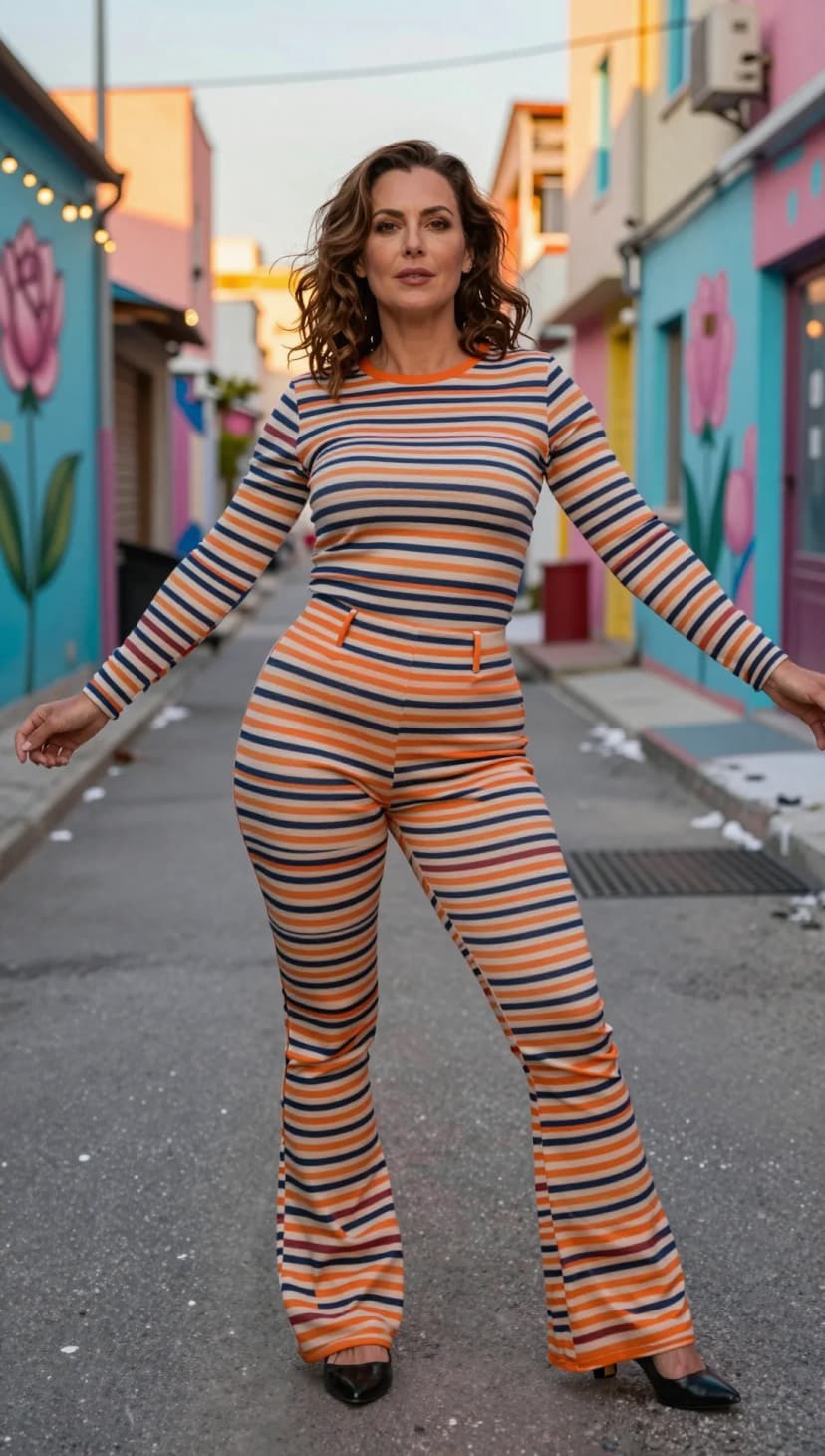 Orange Striped Knit Set + Black Pointed Heels