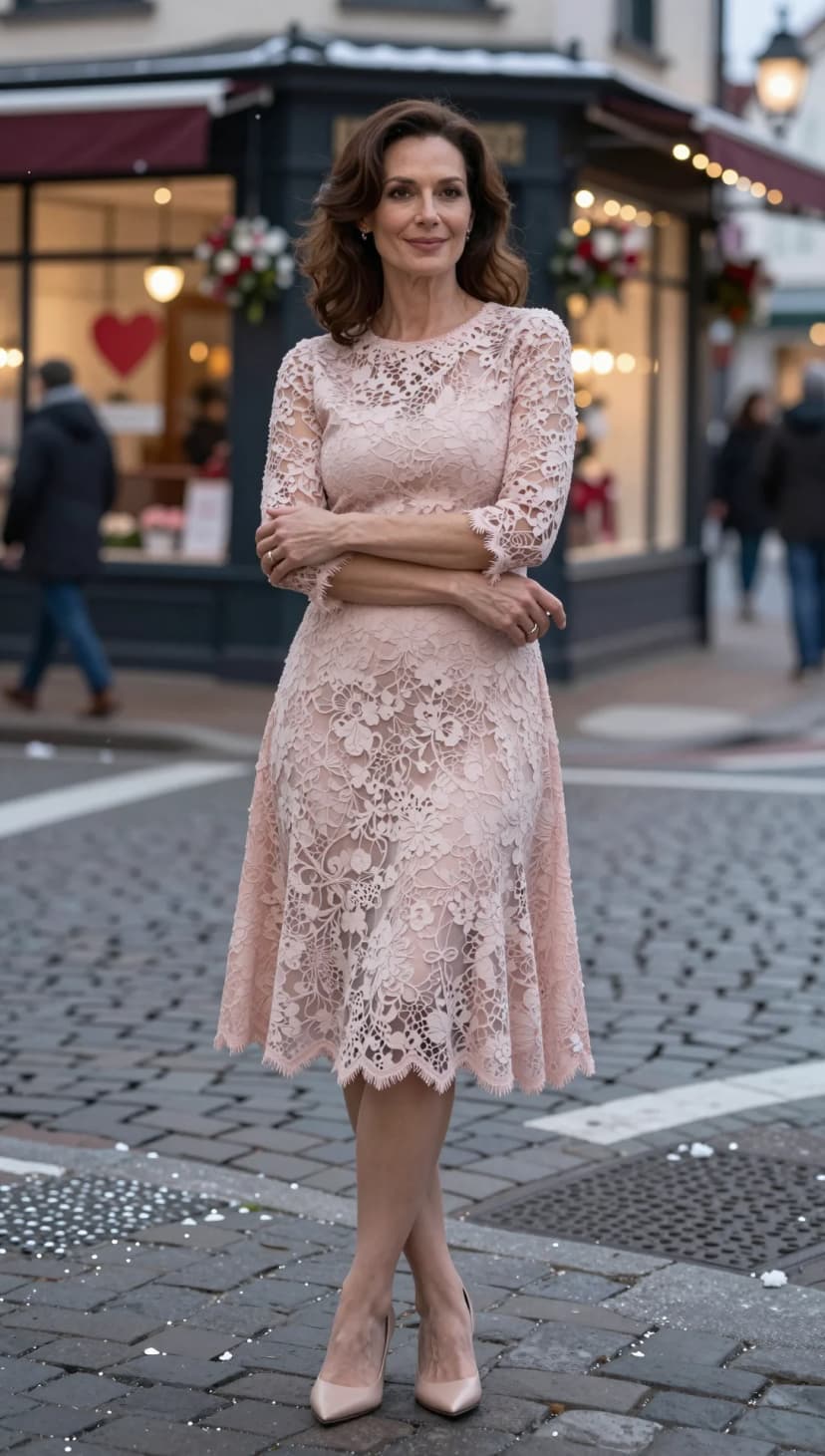 Pale Pink Lace Midi Dress + Pale Pink Satin Pumps