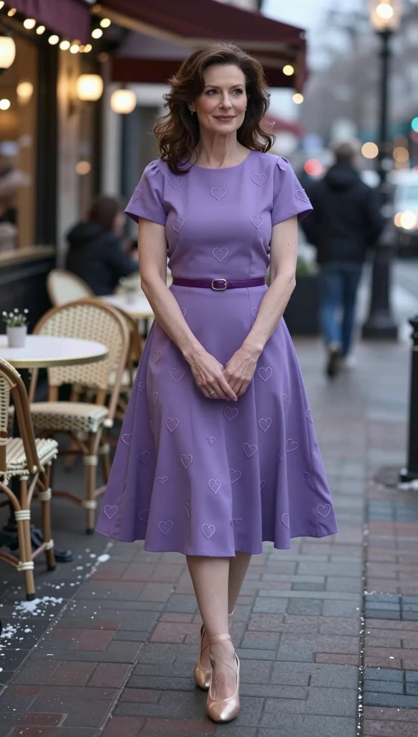 Lilac Heart Print Dress + Gold Ballet Flats