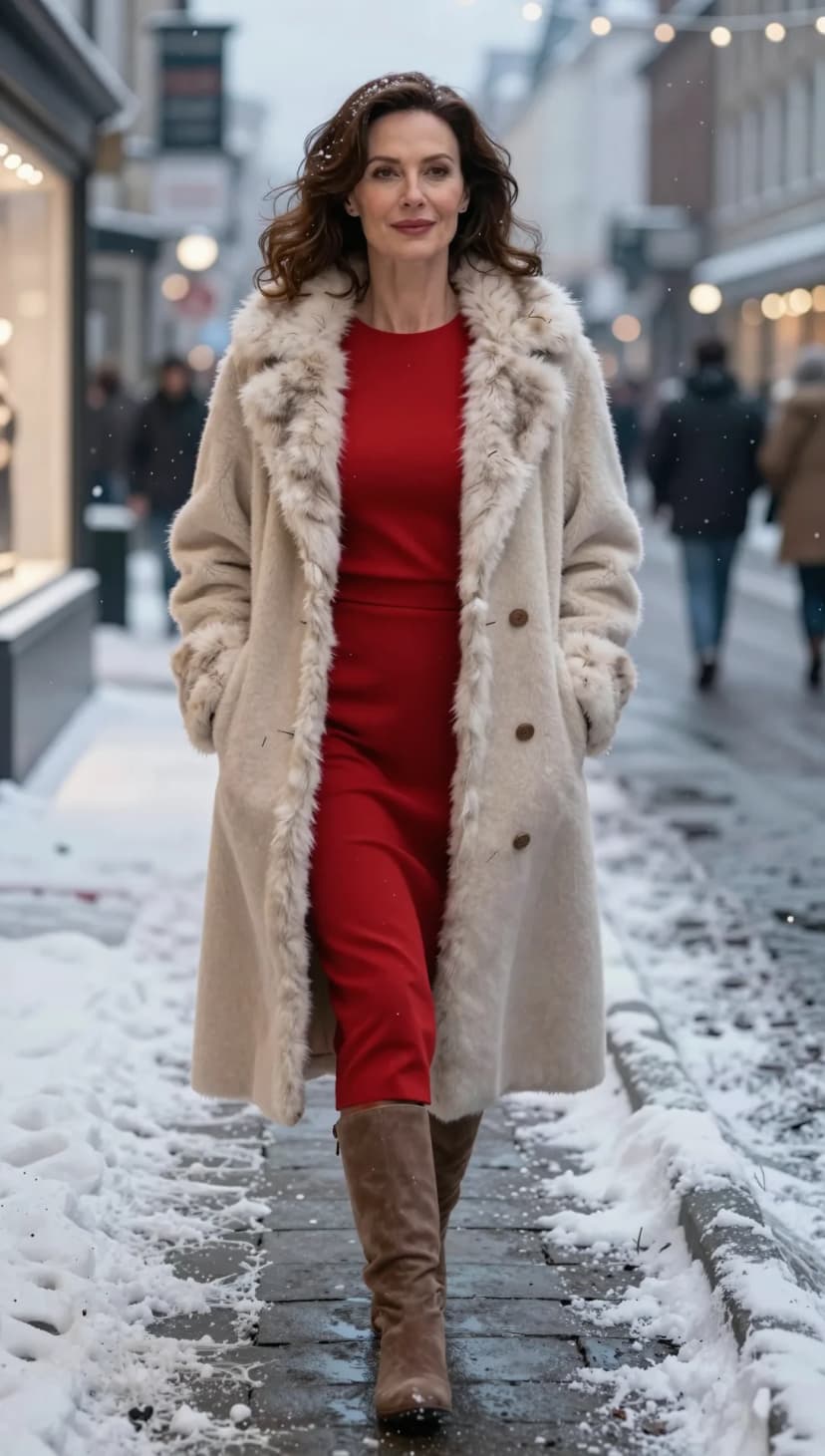 Red Knit Midi Dress + Beige Fur-Trimmed Coat + Taupe Suede Boots