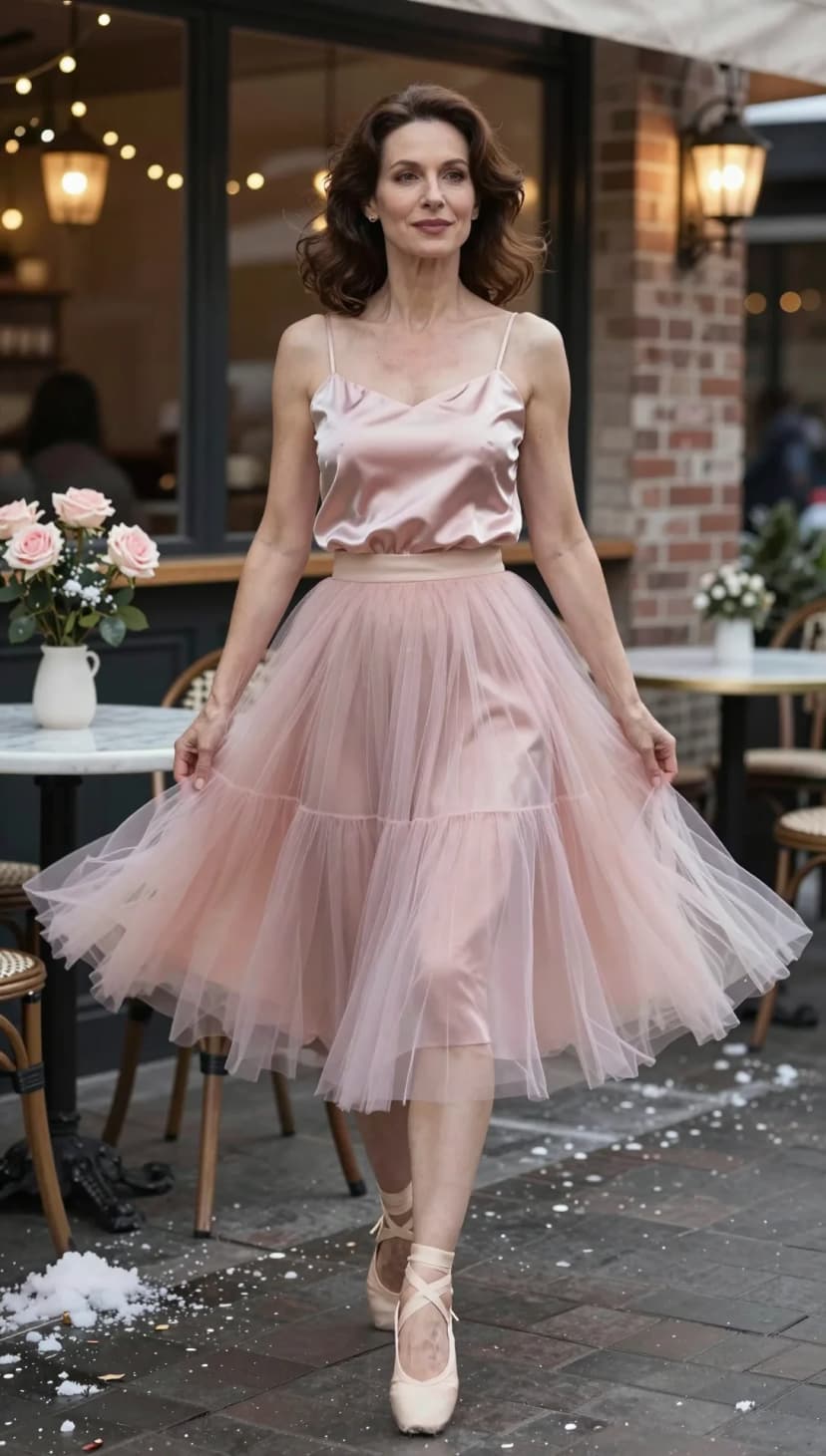 Pink Satin Cami + Pink Tulle Midi Skirt + Pink Ballet Flats