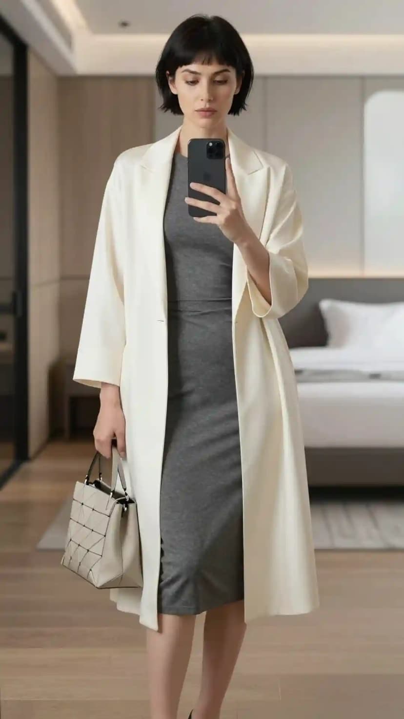 Cream Lightweight Coat + Charcoal Knit Midi Dress