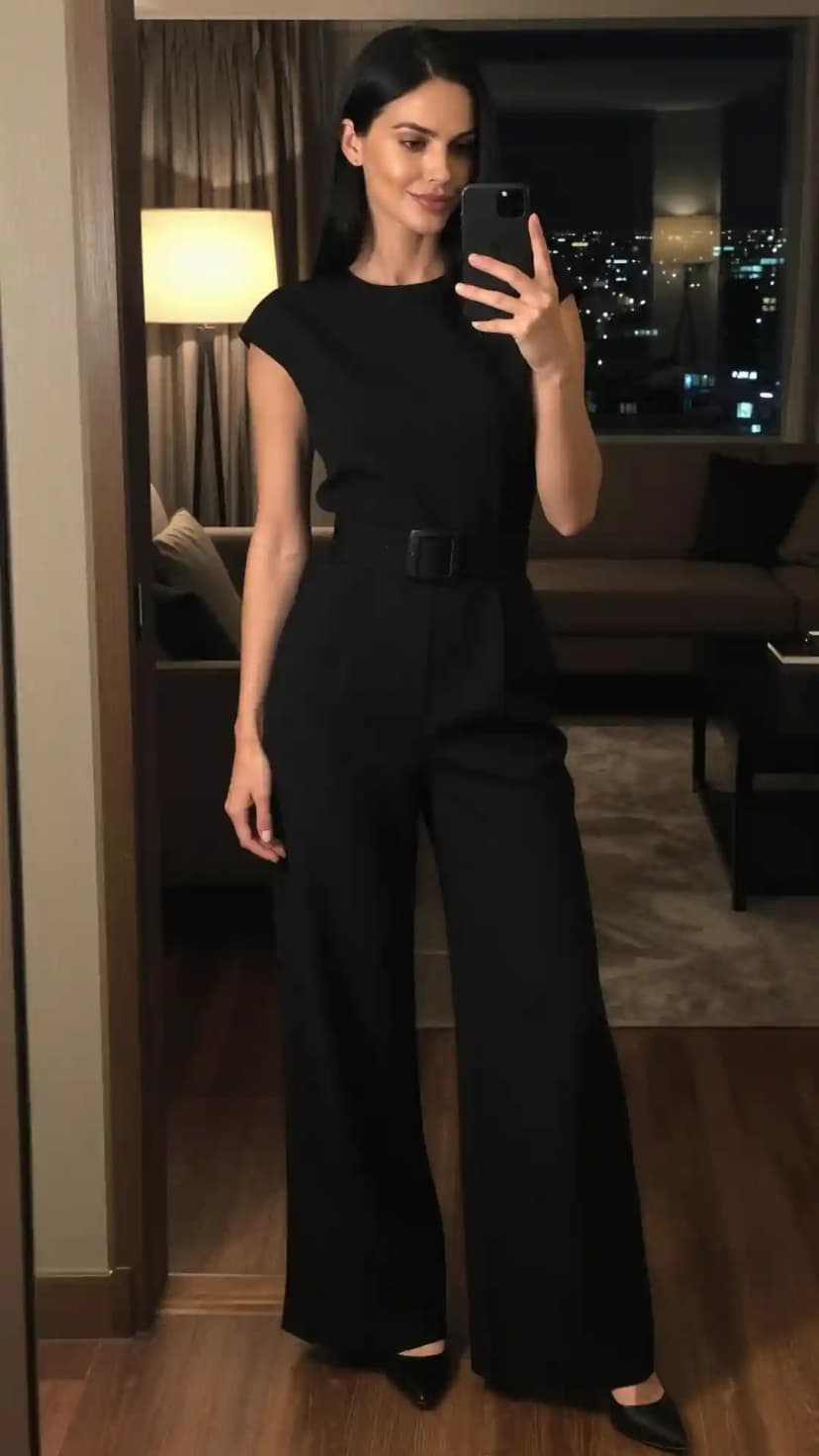 Black Crepe Cap Sleeve Jumpsuit + Black Patent Pointed-Toe Heels