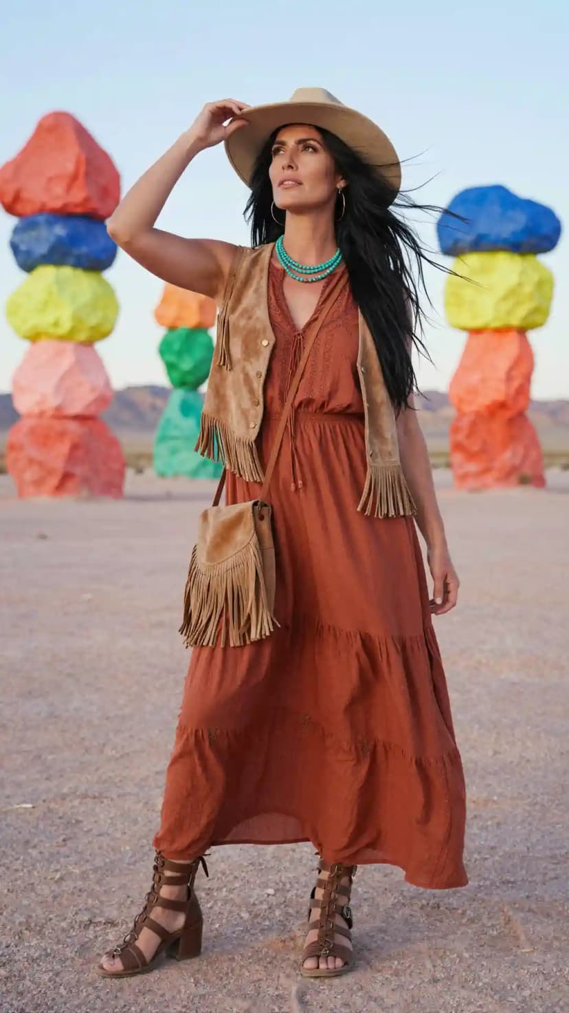 Rust Tiered Cotton Maxi Dress + Tan Suede Fringe Vest