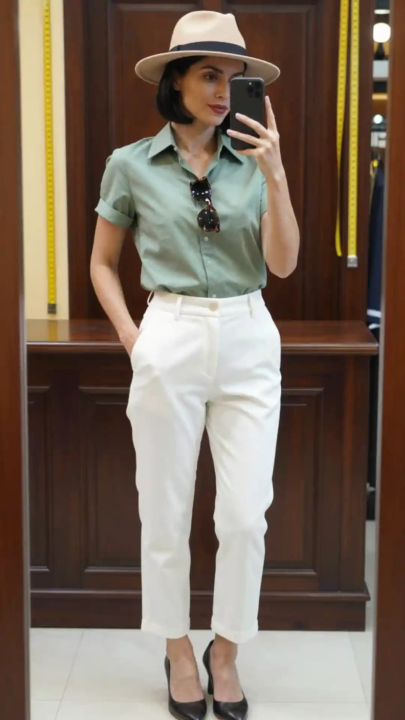 Sage Cotton Button-Up Shirt + White Cotton Trousers