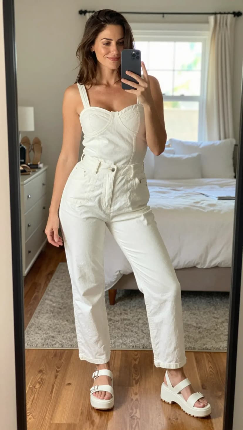 White Denim Corset Top + White Denim Wide-Leg Pants + White Platform Sandals