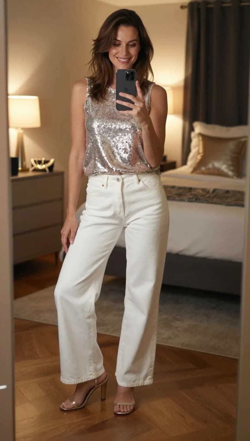Silver Sequin Tank Top + White Wide Leg Jeans + Gold Strappy Heels