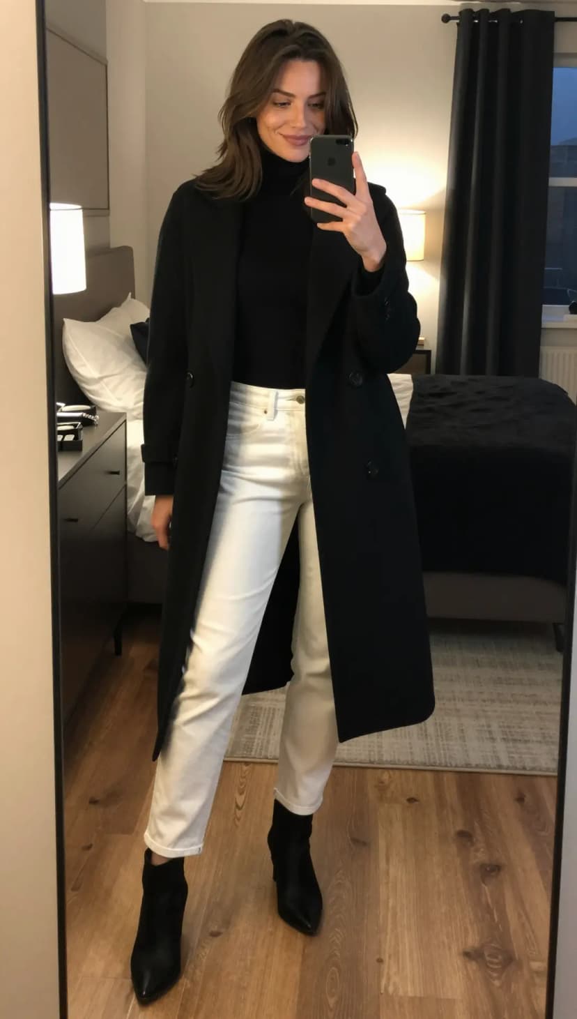 Black Wool Coat + Black Turtleneck Top + White Denim Jeans + Black Suede Ankle Boots