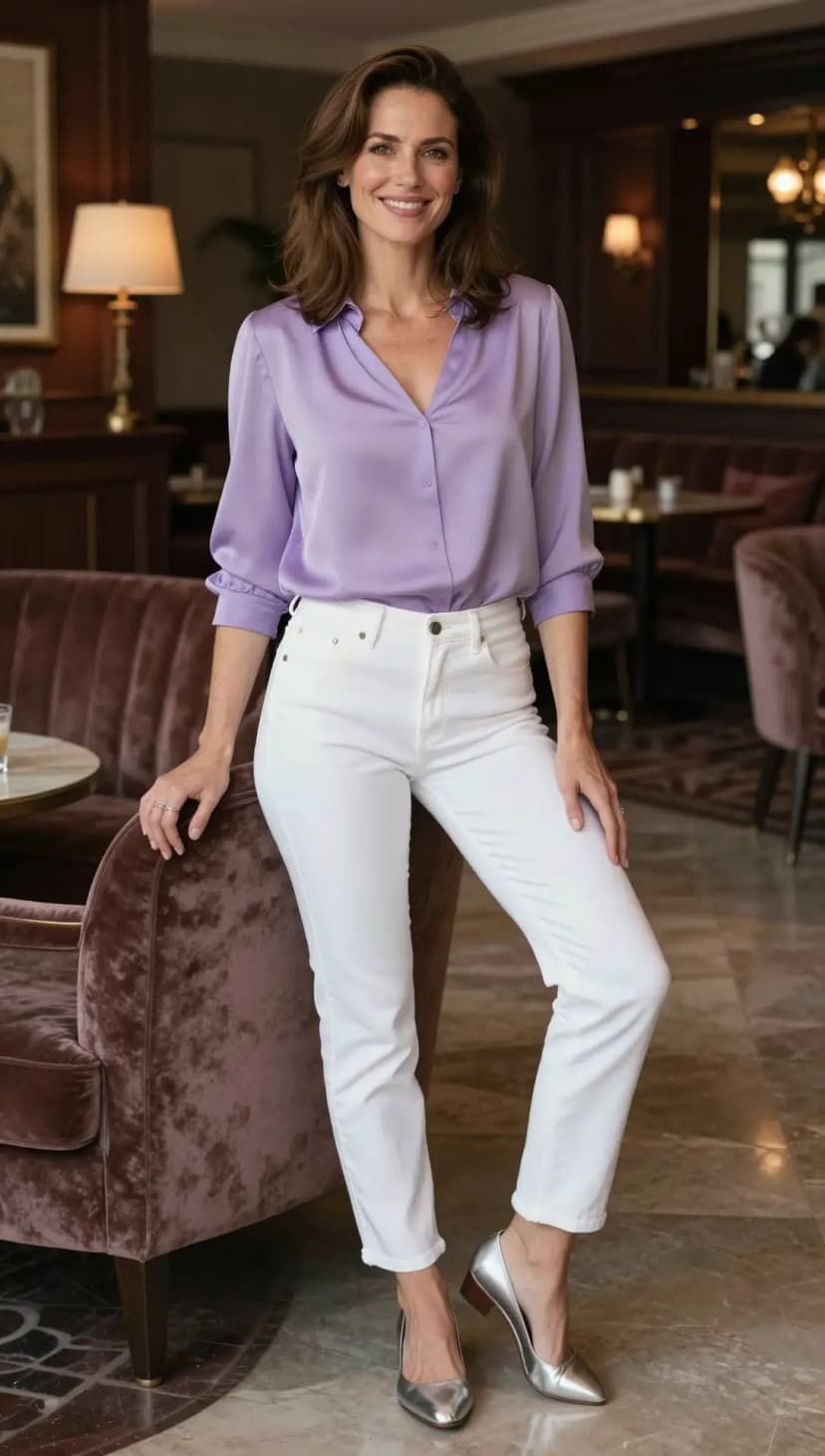 Lavender Satin Blouse + White Denim Jeans + Silver Pointed Heels