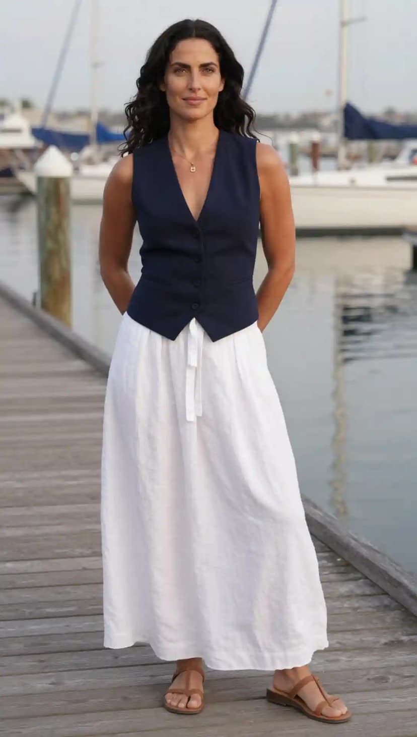 Navy Wool Vest + White Linen Maxi Skirt + Brown Leather Sandals
