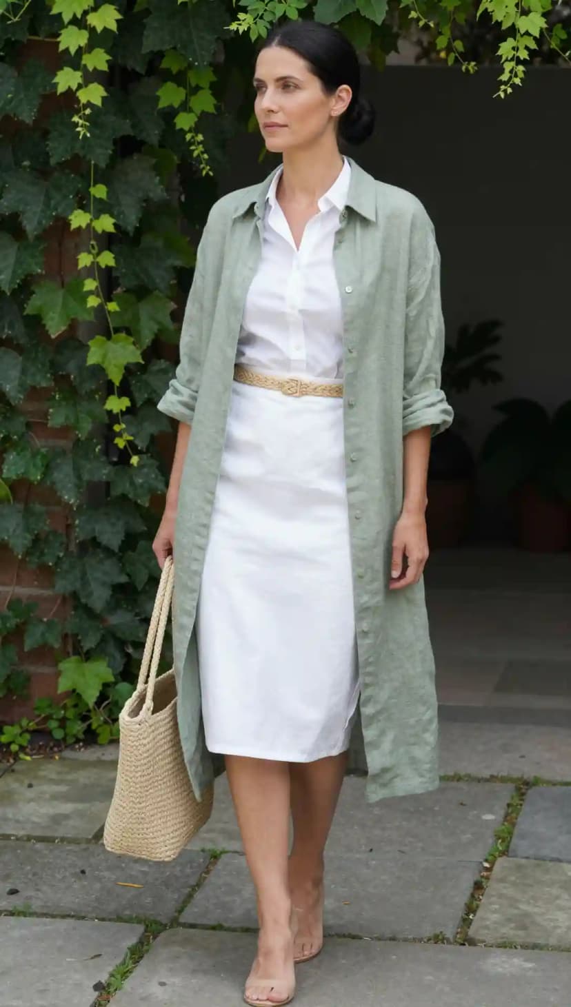 White Linen Shirt + White Linen Midi Skirt + Sage Linen Duster